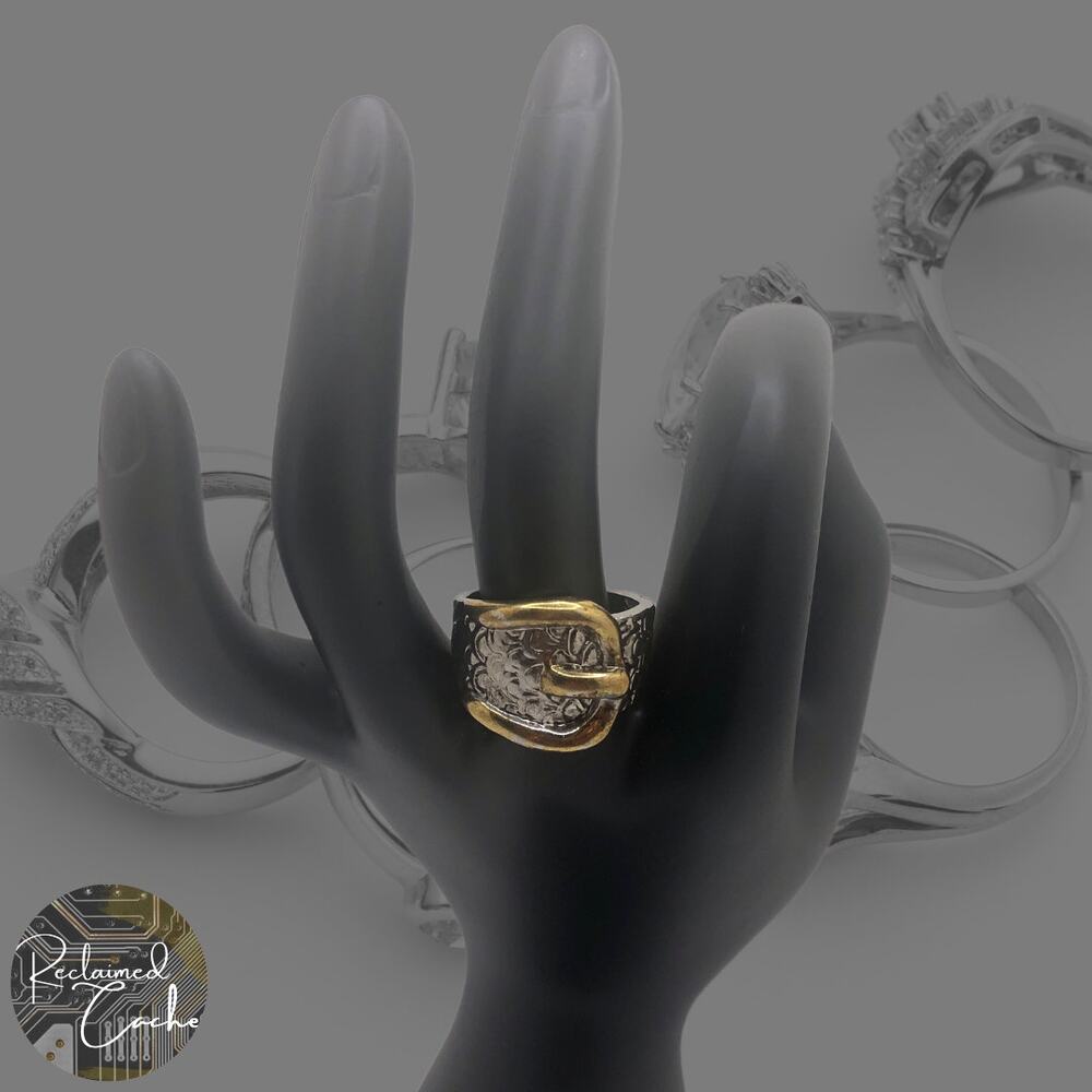 Silver and Gold Belt Buckle Ring - Size 9